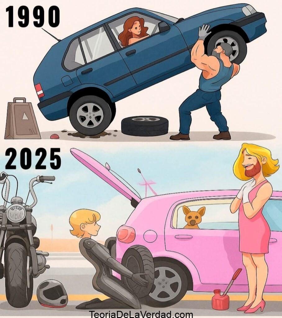 La imagen presenta una caricatura que compara estereotipos de género y roles en dos momentos temporales, 1990 y 2025. En el panel superior, etiquetado como "1990", se ve a un hombre musculoso cambiando la llanta de un coche azul, mientras una mujer sonriente está sentada en el asiento del conductor. El hombre carga el coche con sus propias manos, demostrando fuerza física. En el panel inferior, etiquetado como "2025", la escena se invierte y se moderniza. Una mujer vestida con un traje ajustado de motociclista está arrodillada, cambiando la llanta de un coche rosa. Junto a ella hay una motocicleta y un casco. Al lado del coche, un individuo con cabello rubio largo, barba pelirroja y vestido con un vestido rosa y tacones, parece estar observando, con una expresión de asombro o diversión. En el coche, un perro mira por la ventanilla, y también se observa un bidón de gasolina. La imagen satiriza la evolución de los roles de género y las expectativas sociales a lo largo del tiempo.