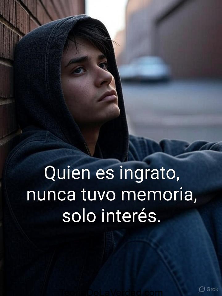 La imagen muestra a un joven con una sudadera con capucha, apoyado contra una pared de ladrillos, con una expresión pensativa o melancólica. Superpuesto a la imagen, hay una frase en español que dice: "Quien es ingrato, nunca tuvo memoria, solo interés."