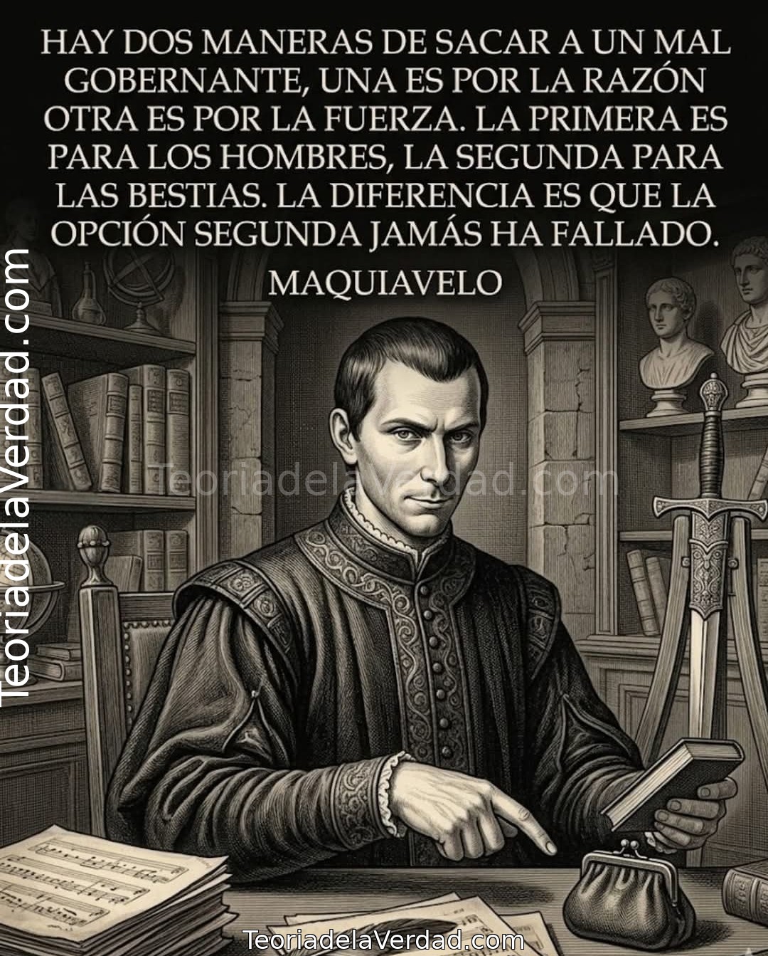 HAY DOS MANERAS DE SACAR A UN MAL GOBERNANTE, UNA ES POR LA RAZÓN OTRA ES POR LA FUERZA. LA PRIMERA ES PARA LOS HOMBRES, LA SEGUNDA PARA LAS BESTIAS. LA DIFERENCIA ES QUE LA OPCIÓN SEGUNDA JAMÁS HA FALLADO.MAQUIAVELO