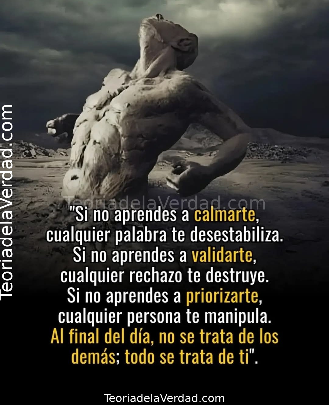 Si no aprendes a calmarte, cualquier palabra te desestabiliza.Si no aprendes a validarte, cualquier rechazo te destruye. Si no aprendes a priorizarte, cualquier persona te manipula.Al final del día, no se trata de los demás; todo se trata de ti