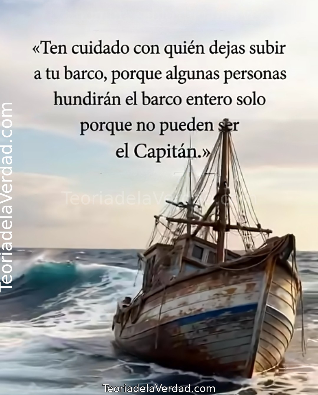 Ten cuidado con quién dejas subir a tu barco, porque algunas personas hundirán el barco entero solo porque no pueden ser el Capitán.